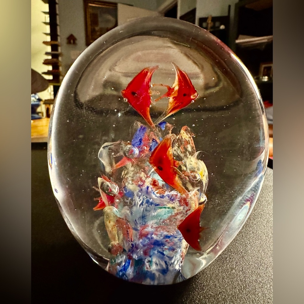 Vtg Paperweight Tall Oval Tropical Fish Coral Magnum 5" Swimming Art Glass Old